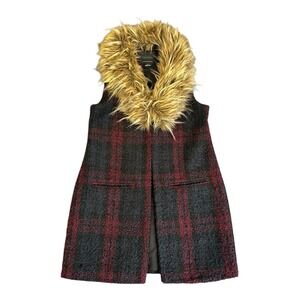 Sanctuary Anthropologie Plaid Vest Top Long Plaid Removable Faux Fur Collar S